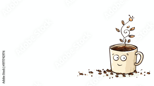 Whimsical Coffee Cartoon Vector with Free Space for Text Wall