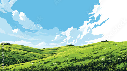 Wide Angle Green Grassy Hill Landscape Nature Scene Vector