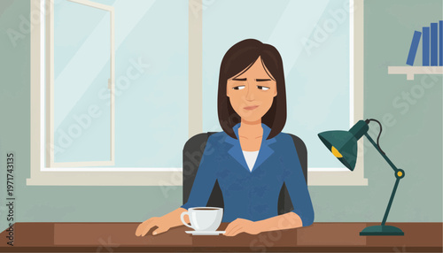 Woman sitting at desk with coffee cup in modern office environment  