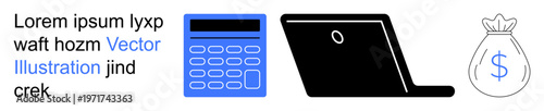 Finance, budgeting, technology tools, business operations, investment, money management. A blue calculator, black laptop and money bag icon. Finance and budgeting by tools and icons