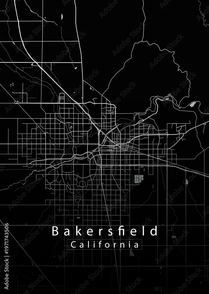 Fototapeta premium Minimalist black map of Bakersfield, California – A modern map print highlighting infrastructure of the city, useful for tourism purposes