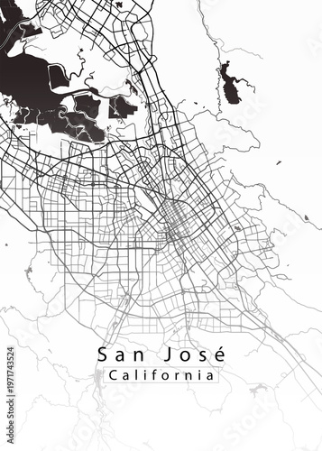 Minimalist white map of San Jose, California – A modern map print highlighting infrastructure of the city, useful for tourism purposes
