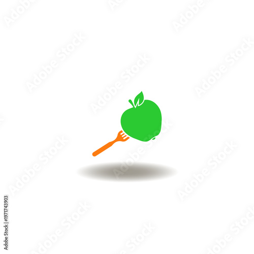 Vector illustration of apple on fork. Icon of healthy nutrition. Symbol of diet.