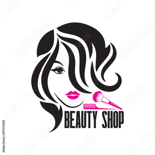 Beauty shop logo with womans face and makeup brush