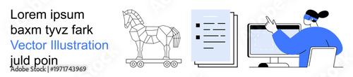 Cybersecurity, digital fraud, data security, hacking threats, Trojan horse, online analysis. Trojan horse on wheels, a document and a person at a computer. Cybersecurity and digital fraud