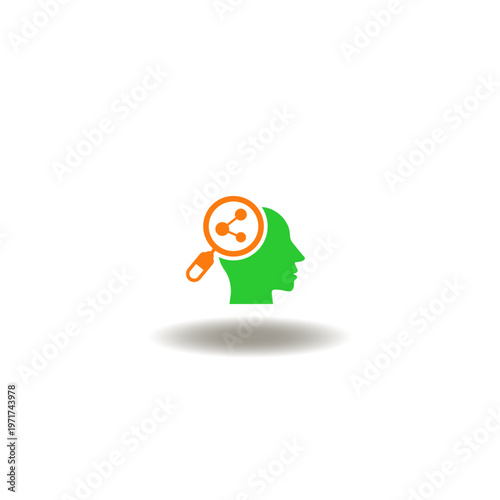 Vector illustration of head and magnifier with social network sign or molecule. Symbol of context.