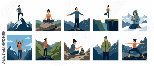 Mountain Yoga Nature Scenery - Man Woman Achieving Peak, Meditating Zen, Practicing Mindfulness Peace on Top. Diverse Activities in Outdoor Mountainous Landscape Background. Vector Illustration