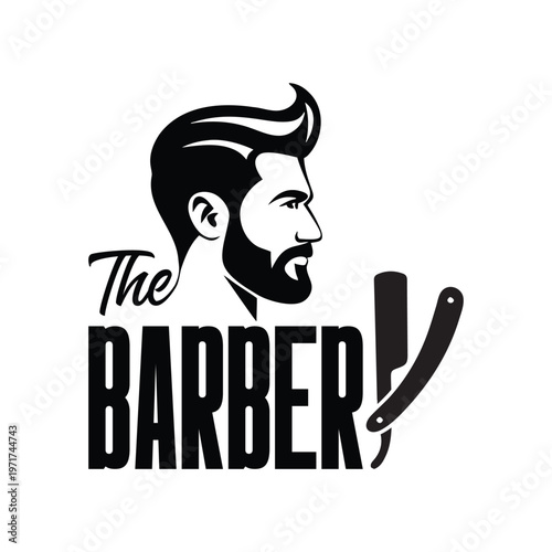 The barber logo with a mans face and straight razor
