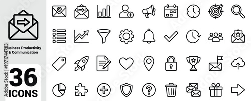 Business, Productivity, and Communication Line Icons – Email, Analytics, Planning, Security, Achievement, Workflow Tools, Mobile Interface, Data Storage, Strategy, Organization, Digital UI Symbols