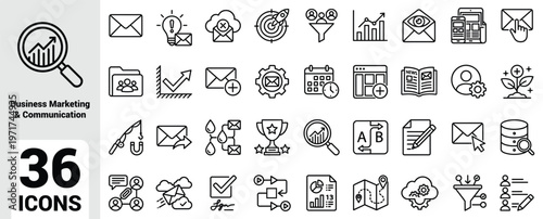 Business, Marketing, and Communication Line Icons – Email, Ideas, Startup Launch, Funnels, Analytics, Mobile Interface, Planning, Productivity, Data Storage, Strategy, Digital Workflow Tools