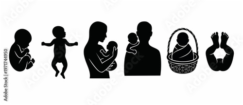 Baby Development Stages Silhouette Vector. Infant Milestones, Newborn Growth in Black Pictogram Icons: Fetus, Toddler, Child, Parent Holding Baby, Child in Basket, Baby Feet Up Isolated on White