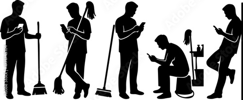 Cleaning workers distracted by smartphone during work, janitor using mobile phone instead of working silhouette set