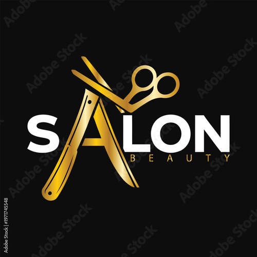 Golden salon logo with scissors and straight razor
