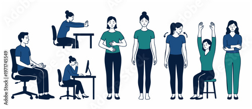 Office Workers Doing Stretching Exercise - Desk Stretches, Yoga Poses for Neck, Shoulders, Back Pain Relief for Healthy Lifestyle During Work Break. Workplace Wellness and Healthcare Illustration.