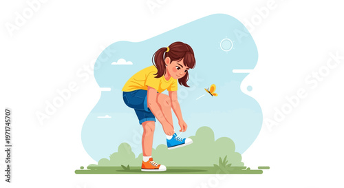 Young girl tying shoelaces outdoors with a butterfly nearby