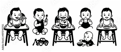 Baby Illustrations Eating, Drinking, Playing Vector Set. Happy Little Child in Different Situations in Black and White. Cute Newborn Toddler. Simple, Minimalist Clipart Style. For Print, Logo, Web