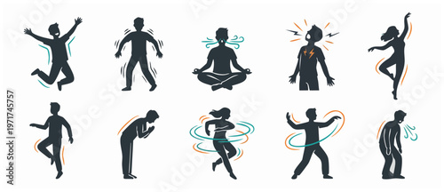 Human Emotions and Actions Vector Set - Expressing Feelings Through Body Language and Mental States - Yoga, Anger, Joy, Sadness, Stress Relief, Dancing, Breathing Techniques, Emotions Chart