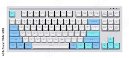 Computer keyboard with blue and white keycap isolated on white background. Digital hardware device for typing and data input. Modern peripheral component for desktop communication setup.