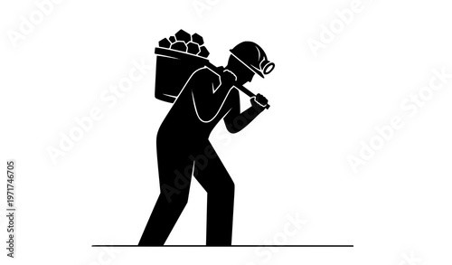 Single miner silhouette vector carrying bucket in mining work illustration