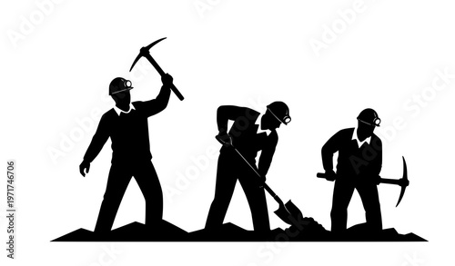 Silhouettes of miners working with pickaxes and helmets vector illustration