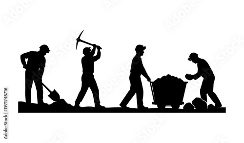 Miners at work silhouette vector set with diverse mining action poses