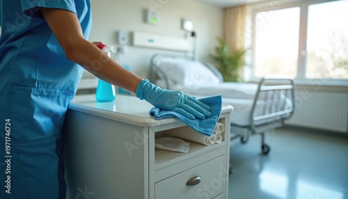 Healthcare staff member with gloves wipes bedside table in hospital room. Cleanliness and hygiene protocols are followed to prevent germ spread and maintain patient safety in medical facility.