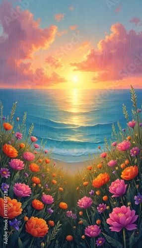 Colorful wildflowers bloom by ocean sea during rain shower at sunset. Waves crash on shore with pastel clouds in sky. Peaceful natural landscape.