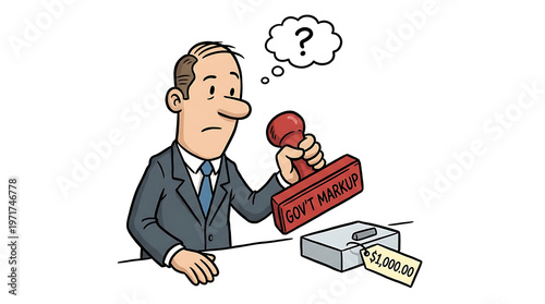 Man stamps official document with OUTSTANDING while questioning its authenticity at his desk.