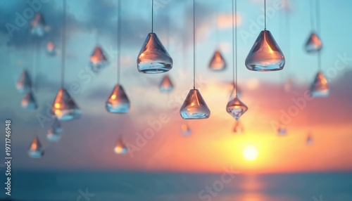 Glass tear drops hang mid air with sunset sky backdrop. Ocean horizon reflects warm light. Soft clouds color sky. Minimalist style. Aethereal mood.
