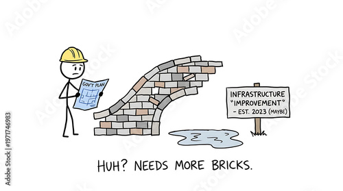 A worker in a hard hat examines blueprints near a brick archway with a sign.