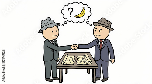 Two businessmen shake hands over a table with papers, one thinking of a banana.