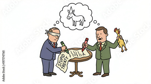 Two businessmen engage in a deceptive transaction with a document and chicken.