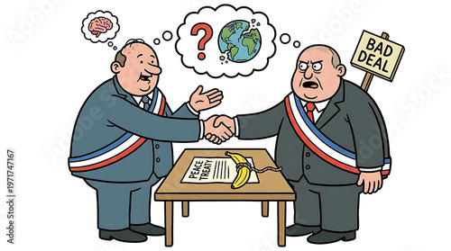 Two businessmen shake hands over a table with a bad deal concept