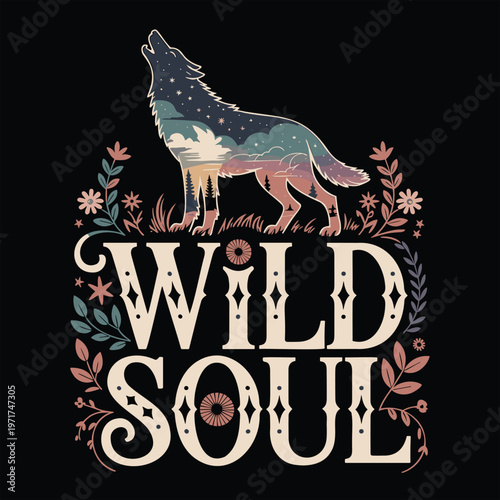 Wild Soul vintage jackal silhouette t-shirt design with floral border and gold typography vector illustration.