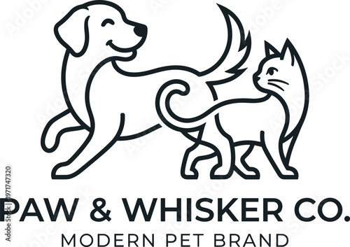 A modern pet brand logo featuring a dog and cat