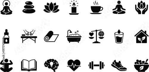 A collection of black and white icons representing various aspects of wellness and self-care
