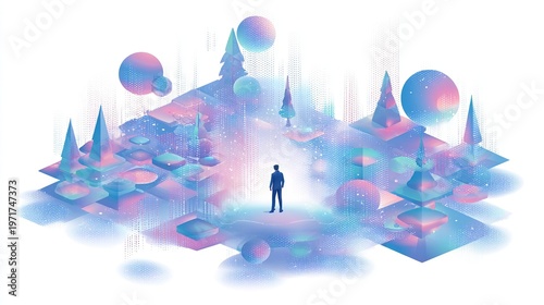 A futuristic cityscape with a man standing in the center