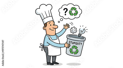A chef thinks about recycling trash in a recycling bin outside.