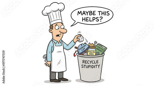 A chef throws away a piece of paper into a trash can labeled Recycle Stupidity.