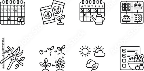 A collection of black and white line icons depicting gardening and planning tools