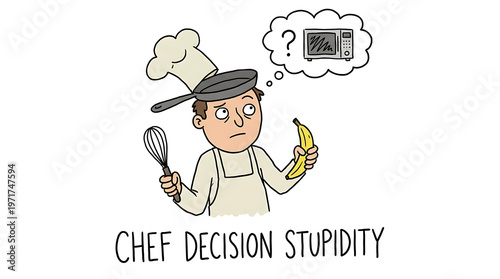 Illustration of a puzzled chef holding a spatula and a banana