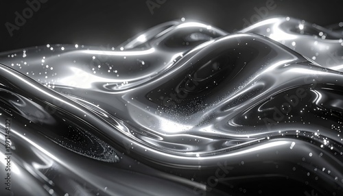 wavy Close up texture of liquid shiny metal in silver gray color with highlights and shimmers, Liquid metallic texture