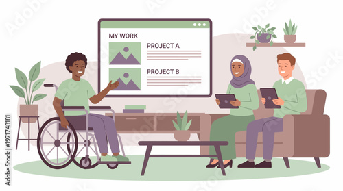 Inclusive team presentation a person in a wheelchair shares creative digital projects on screen, while diverse colleagues review content on tablets in a modern setting