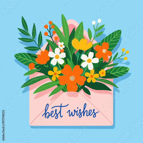 Vibrant illustration of a pink envelope brimming with a colorful floral bouquet and green leaves, conveying heartfelt best wishes for celebrations and special moments