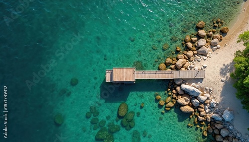 Aerial view of a wooden pier on a clear turquoise water beach with rocks and sand. Green trees line the sandy shore, extending towards the ocean horizon.