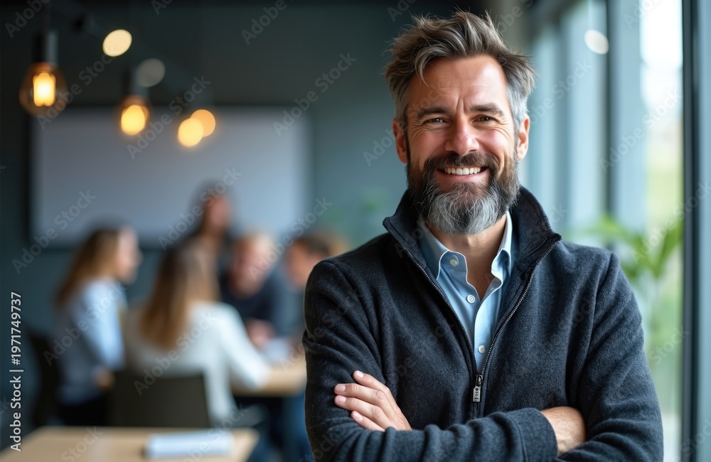Fototapeta premium Bearded man smiles arms crossed in office meeting room. Professional leader stands, people work blurred in background. Corporate team collaborate, plan strategy for business growth.