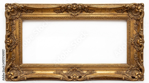 Golden wooden frame isolated on transparent background, Patterned and Vintage picture frame PNG format, old wide ornamental baroque picture frame