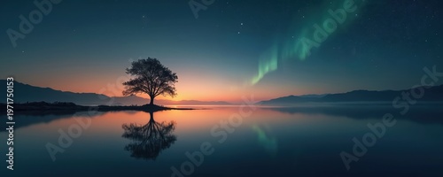 Lone tree silhouette reflects on calm lake water under aurora borealis sky at dawn. Mountains border horizon, warm sky contrasts cool night. Peaceful natural landscape.