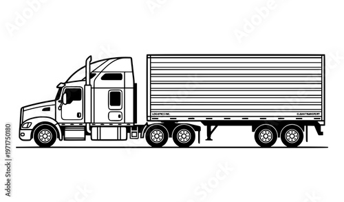 Semi truck vector side view black and white freight vehicle with sleeper cab and long trailer for logistics design