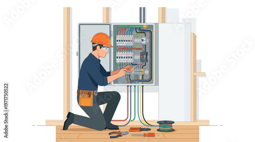 Electrician Professional Working on Circuit Breaker Panel in Residential Construction - Flat Vector Illustration
